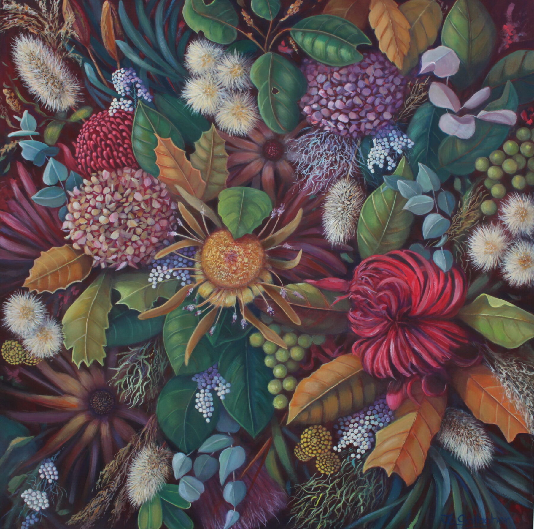 Abundance  760x760mm
acrylic on canvas SOLD
The start of a new series working with dried flowers.Some from my own garden,others begged and borrowed from talented friends ! 